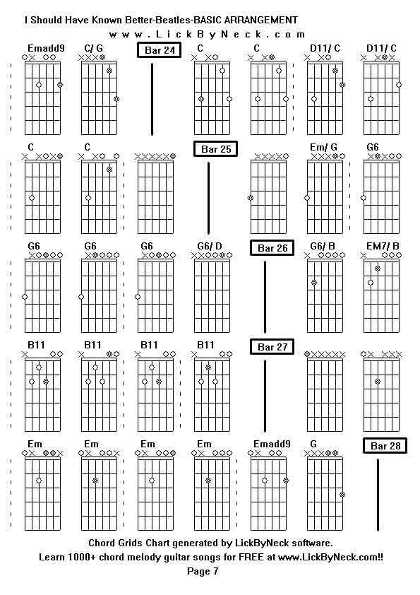 Chord Grids Chart of chord melody fingerstyle guitar song-I Should Have Known Better-Beatles-BASIC ARRANGEMENT,generated by LickByNeck software.